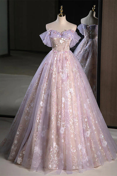 Off the Shoulder A-line Appliques Lace Tulle Prom Dresses, Corset Princess Dresses, Newest 2025 Prom Dresses
