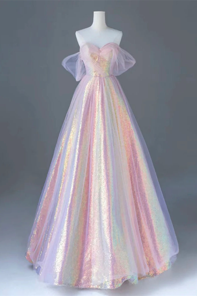 Off the Shoulder Sequin Tulle Prom Dresses, Formal Evening Dresses, Newest Prom Dresses