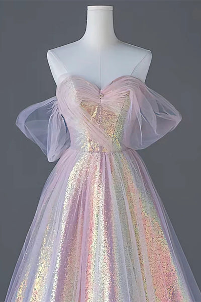 Off the Shoulder Sequin Tulle Prom Dresses, Formal Evening Dresses, Newest Prom Dresses