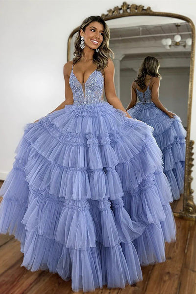 Spaghetti Long A-line Ruffles Prom Dresses, Lace Appliques Prom Dresses, Newest Prom Dresses