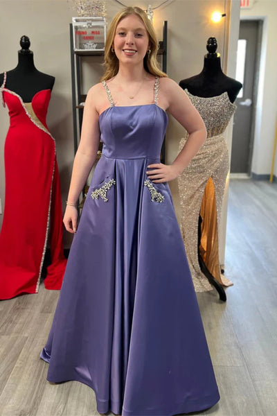 Spaghetti Beaded Strap Satin Prom Dresses, Eleagnt Dance Party Dresses, Newest Prom Dresses