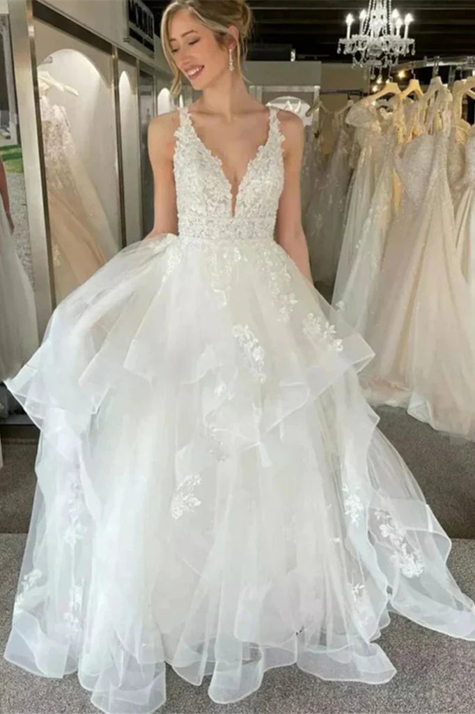 Deep V-neck A-line Lace Tulle Wedding Dresses, Fairy Wedding Gown, 2025 Bridal Gown