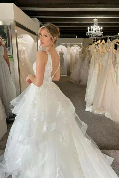 Deep V-neck A-line Lace Tulle Wedding Dresses, Fairy Wedding Gown, 2025 Bridal Gown