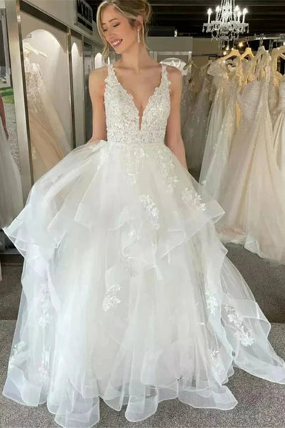 Deep V-neck A-line Lace Tulle Wedding Dresses, Fairy Wedding Gown, 2025 Bridal Gown