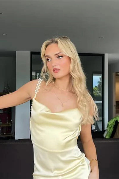 Yellow Sheath Maxi Dresses With Pearls Straps, Simple Sexy Prom Dresses, Wedding Party Dresses, Bridesmaid Dresses