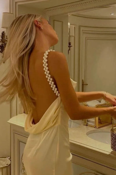 Yellow Sheath Maxi Dresses With Pearls Straps, Simple Sexy Prom Dresses, Wedding Party Dresses, Bridesmaid Dresses
