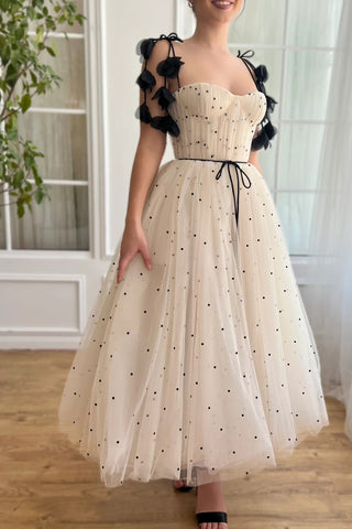 Beige Dotted A-line Prom Dresses With Straps, Cute Midi Dresses, Party Dancing Dresses