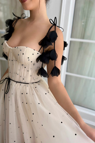 Beige Dotted A-line Prom Dresses With Straps, Cute Midi Dresses, Party Dancing Dresses
