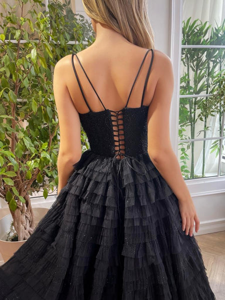 Ruffled Black Lace Beaded Prom Dresses, Shiny Sequin Tulle Ruffle Gown, Newest Prom Dresses