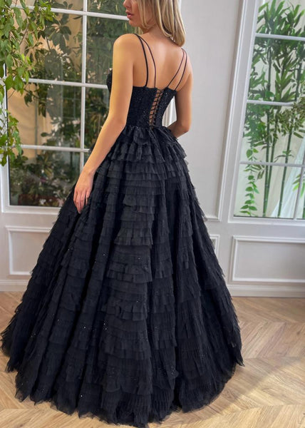 Ruffled Black Lace Beaded Prom Dresses, Shiny Sequin Tulle Ruffle Gown, Newest Prom Dresses