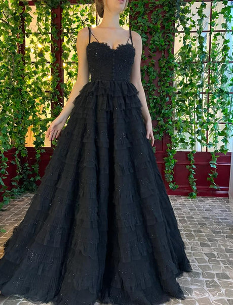 Ruffled Black Lace Beaded Prom Dresses, Shiny Sequin Tulle Ruffle Gown, Newest Prom Dresses
