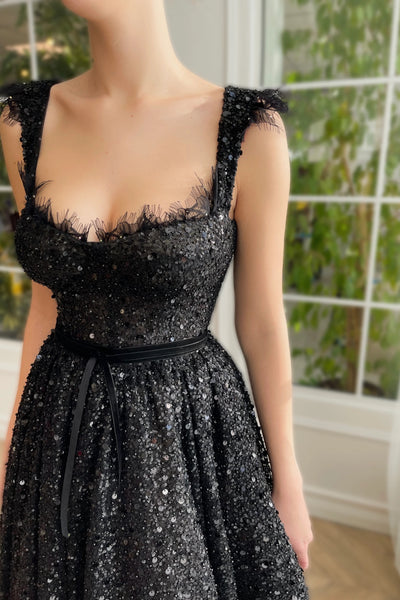 Black Sequin Beaded Midi Dresses, Luxury Formal Dresses, Party Dresses, Newest Prom Dresses