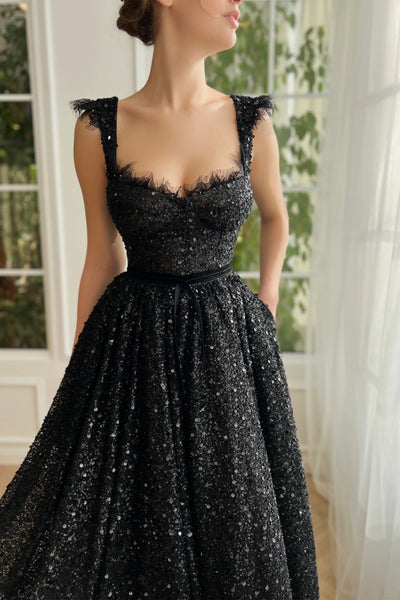 Black Sequin Beaded Midi Dresses, Luxury Formal Dresses, Party Dresses, Newest Prom Dresses