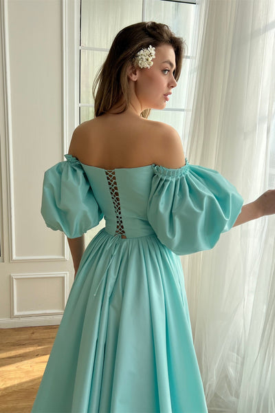 Blue A-line Satin Prom Dresses With Off the Shoulder Sleeves, Side Slit Prom Dresses, Elegant Newest Prom Dresses