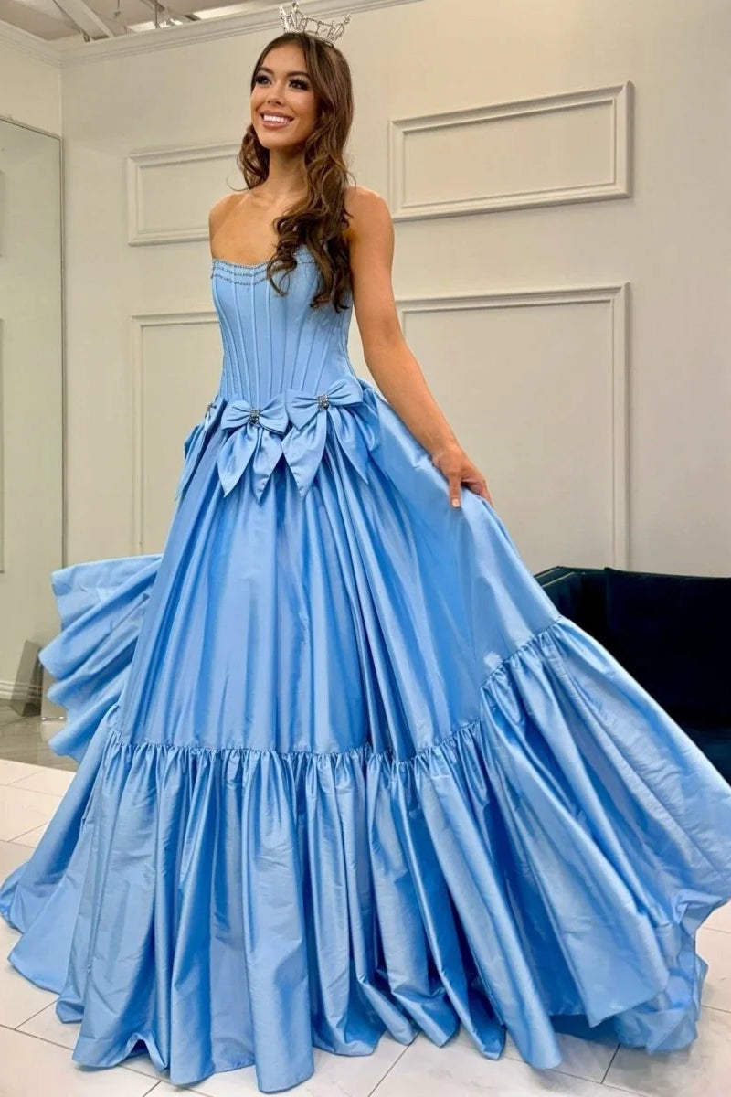 Strapless Long A-line Blue Satin Ruffles Prom Dresses WIth Bows, Lovely Princess Prom Dresses