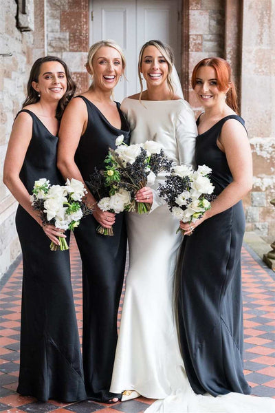 Black Long Sheath Elastic Satin Prom Dresses, Long Bridesmaid Dresses, Wedding Guest Dresses
