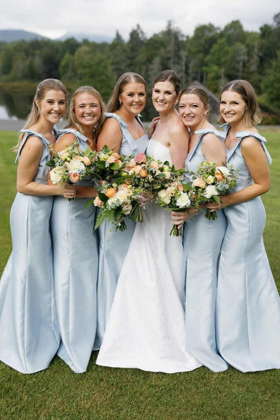 Light Blue Satin Mermaid Bridesmaid Dresses With Bows, Elegant Square Neckline Prom Dresses, Wedding Guest Dresses