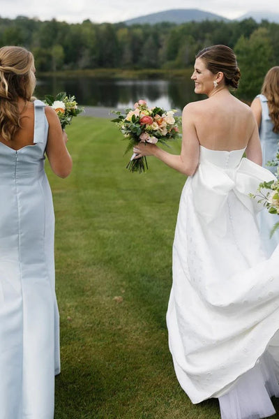 Light Blue Satin Mermaid Bridesmaid Dresses With Bows, Elegant Square Neckline Prom Dresses, Wedding Guest Dresses
