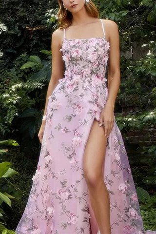 Spaghetti A-line Pink Floral A-line Prom Dresses WIth High Slit, Popular French Style Dresses, Maxi Dresses, Party Dance Dresses