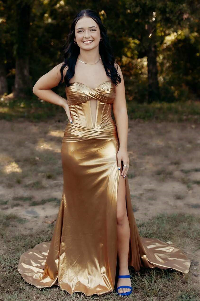 Sweetheart Long Mermaid Metalic Gold Prom Dresses With Side Slit, Newest 2025 Prom Dresses