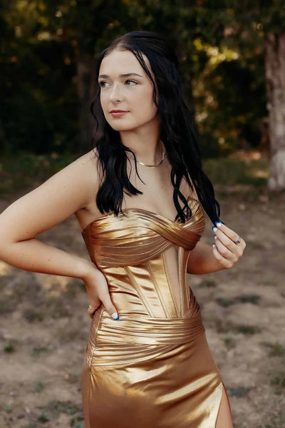 Sweetheart Long Mermaid Metalic Gold Prom Dresses With Side Slit, Newest 2025 Prom Dresses