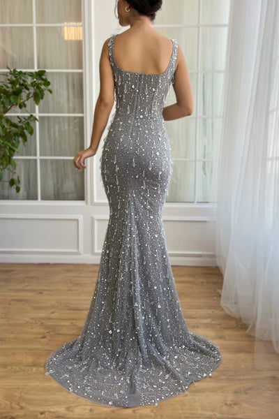 Square Neckline Grey Mermaid Prom Dresses With Crystals, High Qualight Long Prom Dresses, Party Dresses