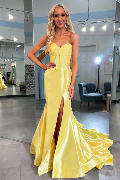 Sweetheart Long Mermaid Yellow Satin Prom Dresses, Side Slit Prom Dresses, 2025 Prom Dresses