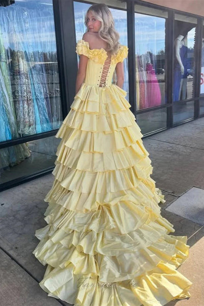 Off the Shoulder Yellow Satin Ruffles Prom Dresses, Layers Cake Dresses, Princess Prom Dresses