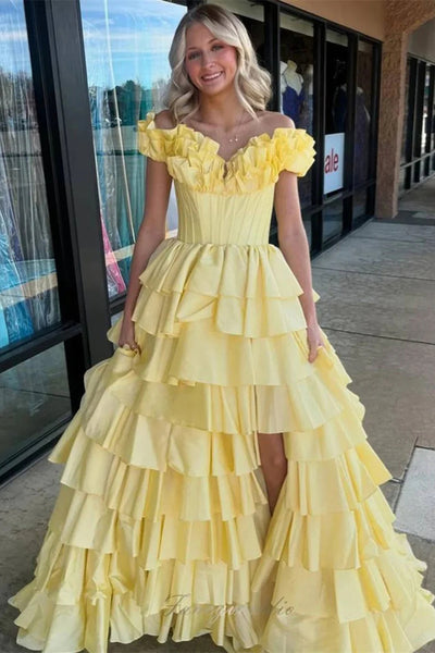 Off the Shoulder Yellow Satin Ruffles Prom Dresses, Layers Cake Dresses, Princess Prom Dresses