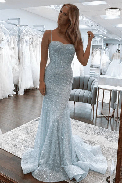 Spaghetti Long Mermaid Light Blue Sequin Beaded Prom Dresses, Shiny Prom Dresses, Luxury Newest Prom Dresses
