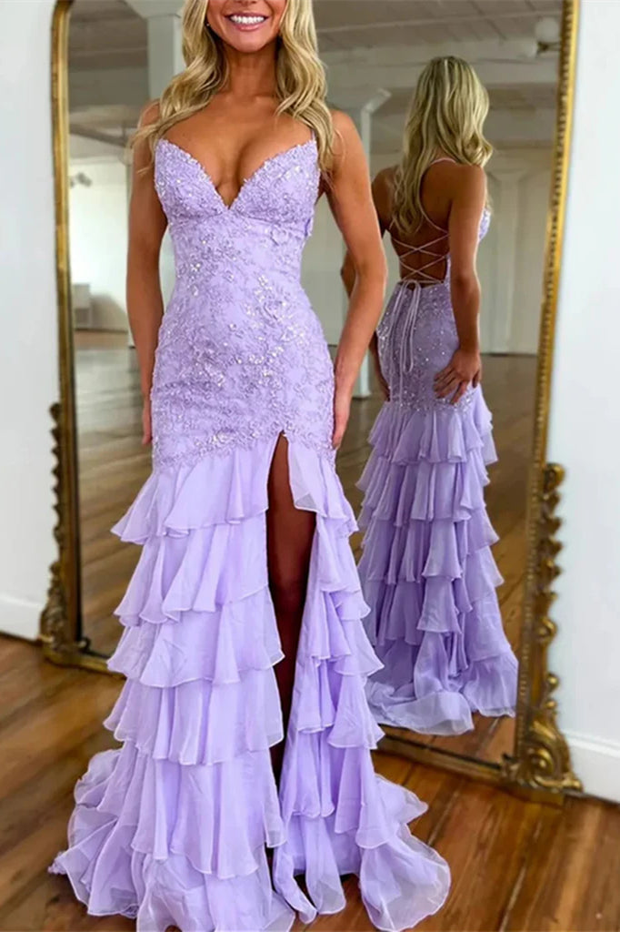 V-neck Lilac Mermaid Lace Chiffon Prom Dresses, Newest Formal Evening Dresses