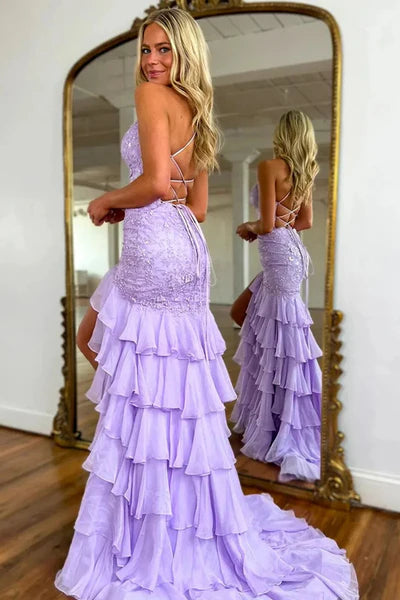 V-neck Lilac Mermaid Lace Chiffon Prom Dresses, Newest Formal Evening Dresses