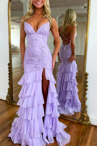 V-neck Lilac Mermaid Lace Chiffon Prom Dresses, Newest Formal Evening Dresses