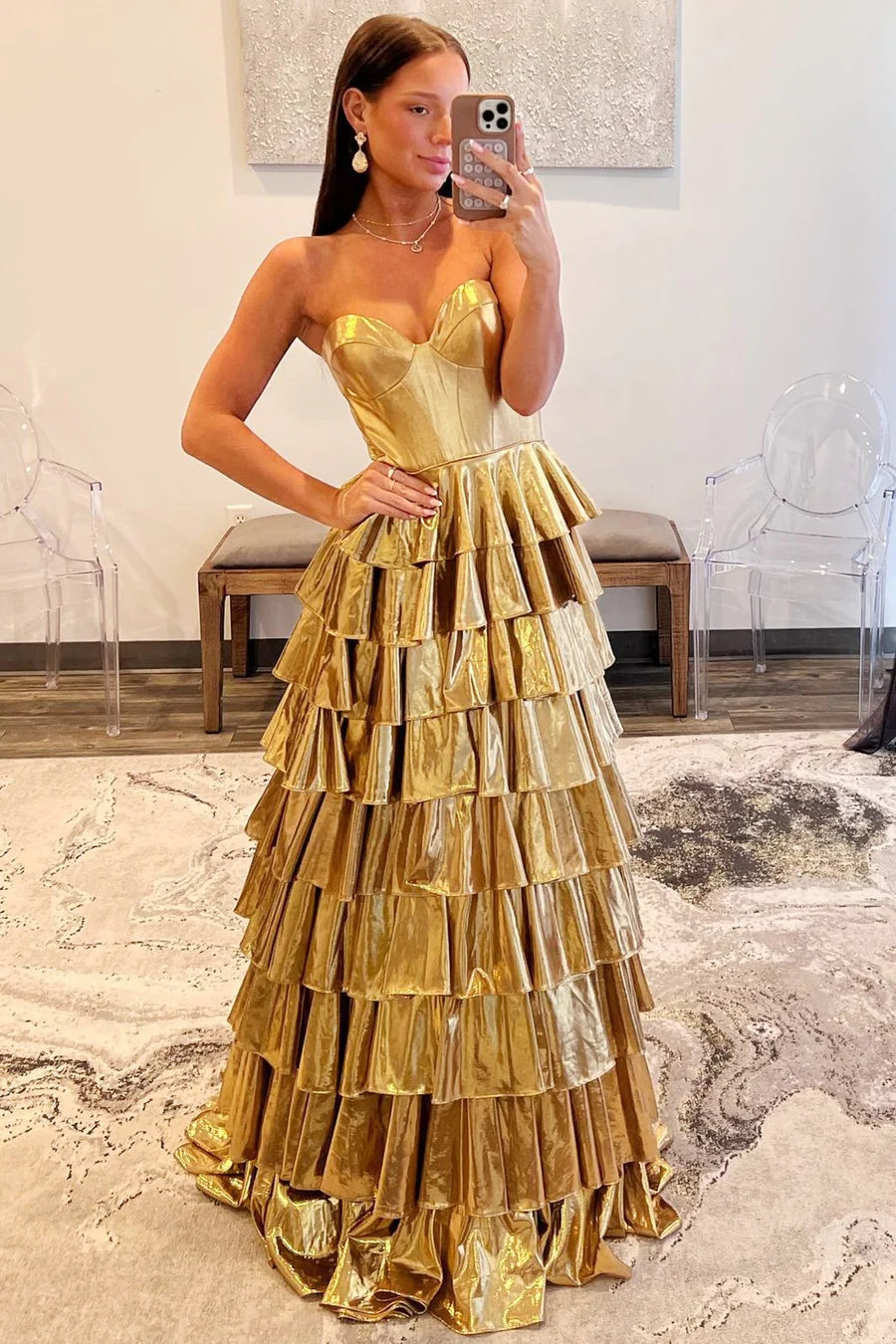 Sweetheart Long A-line Gold Metalic Ruffle Cake Prom Dresses, Newest Popular Prom Dresses