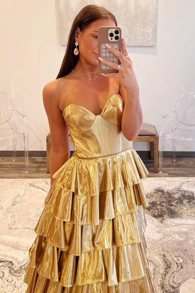 Sweetheart Long A-line Gold Metalic Ruffle Cake Prom Dresses, Newest Popular Prom Dresses
