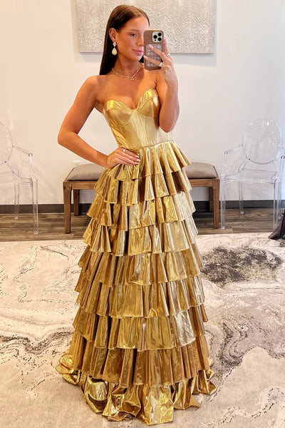 Sweetheart Long A-line Gold Metalic Ruffle Cake Prom Dresses, Newest Popular Prom Dresses