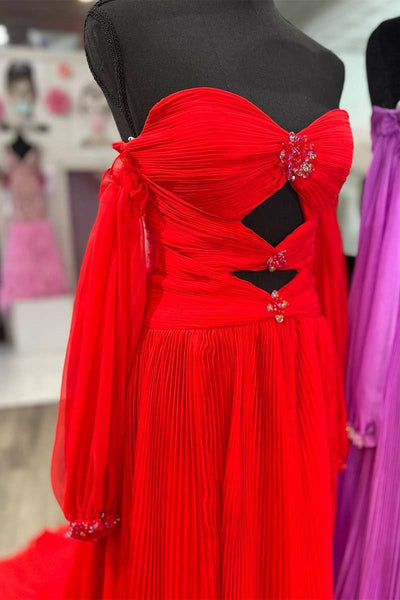 Sweetheart Long A-line Red Pleated Chiffon Prom Dresses With Detachable Sleeves, 2025 Prom Dresses