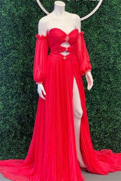 Sweetheart Long A-line Red Pleated Chiffon Prom Dresses With Detachable Sleeves, 2025 Prom Dresses