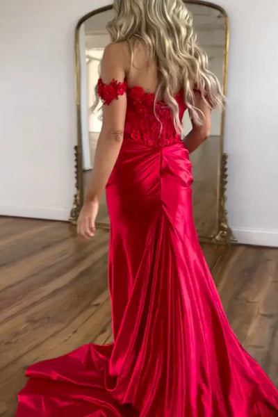 Off the SHoulder Long Mermaid Red Lace Stain Prom Dresses, Sexy High Slit Prom Dresses, Newest 2025 Prom Dresses
