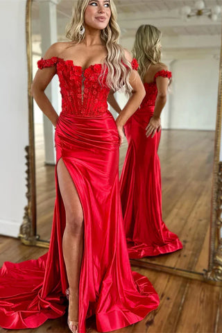 Off the SHoulder Long Mermaid Red Lace Stain Prom Dresses, Sexy High Slit Prom Dresses, Newest 2025 Prom Dresses