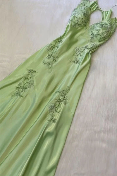 Mint Green Sheath Soft Satin Prom Dresses WIth Lace Aplliques, Popular Newest Party Dance Dresses