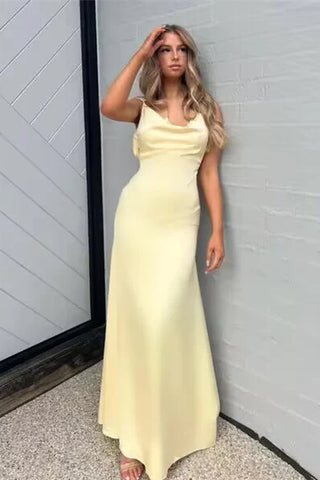 Yellow Sheath Maxi Dresses With Pearls Straps, Simple Sexy Prom Dresses, Wedding Party Dresses, Bridesmaid Dresses