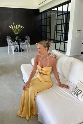 Strapless Long Mermaid Yellow Prom Dresses, Sexy Holiday Dresses, Newest Prom Dresses
