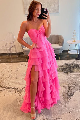 Sweetheart Long A-line Pink Ruffles Chiffon Prom Dresses,, High Side Slit Prom Dresses, Newest Prom Dresses