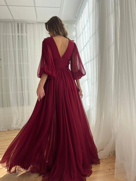 Burgundy Deep V-neck A-line Prom Dresses, Bridesmaid Dresses, Wedding Guest Dresses