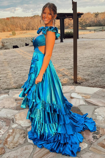 Blue Side Slit Long Prom Dresses With Ruffles, Party Evening Dresses, Newest 2025 Prom Dresses
