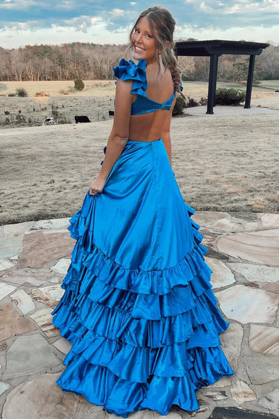 Blue Side Slit Long Prom Dresses With Ruffles, Party Evening Dresses, Newest 2025 Prom Dresses