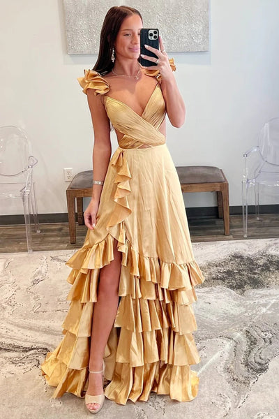Gold Cutout Ruffle Prom Dresses, Lovely Long Prom Dresses, Newest 2025 Prom Dresses