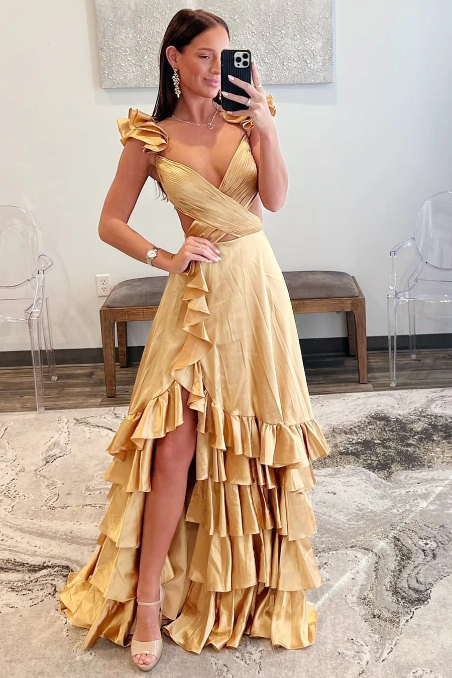 Gold Cutout Ruffle Prom Dresses, Lovely Long Prom Dresses, Newest 2025 Prom Dresses