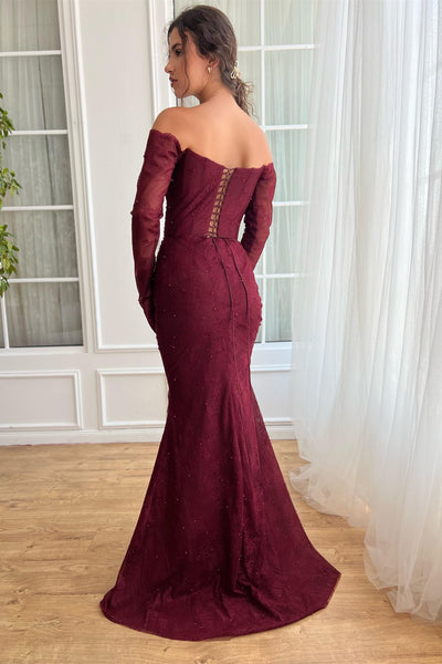 Burgundy Mermaid Prom Dresses With Long Off Shoulder Sleeves, Beaded Side Slit Prom Dresses
